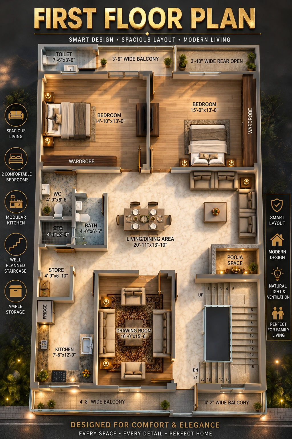 31x52 East Facing House Plan with Parking | 2BHK Ground & First Floor Plan (1612 Sq Ft)