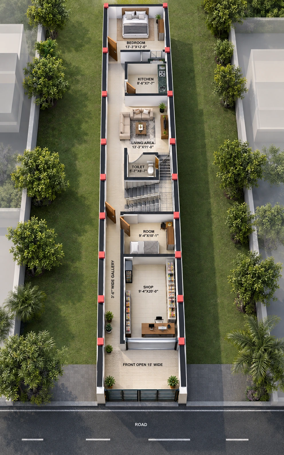 14x96 North Facing House Plan with Shop | 1 BHK + Shop Commercial cum Residential Floor Plan (1344 Sq Ft)