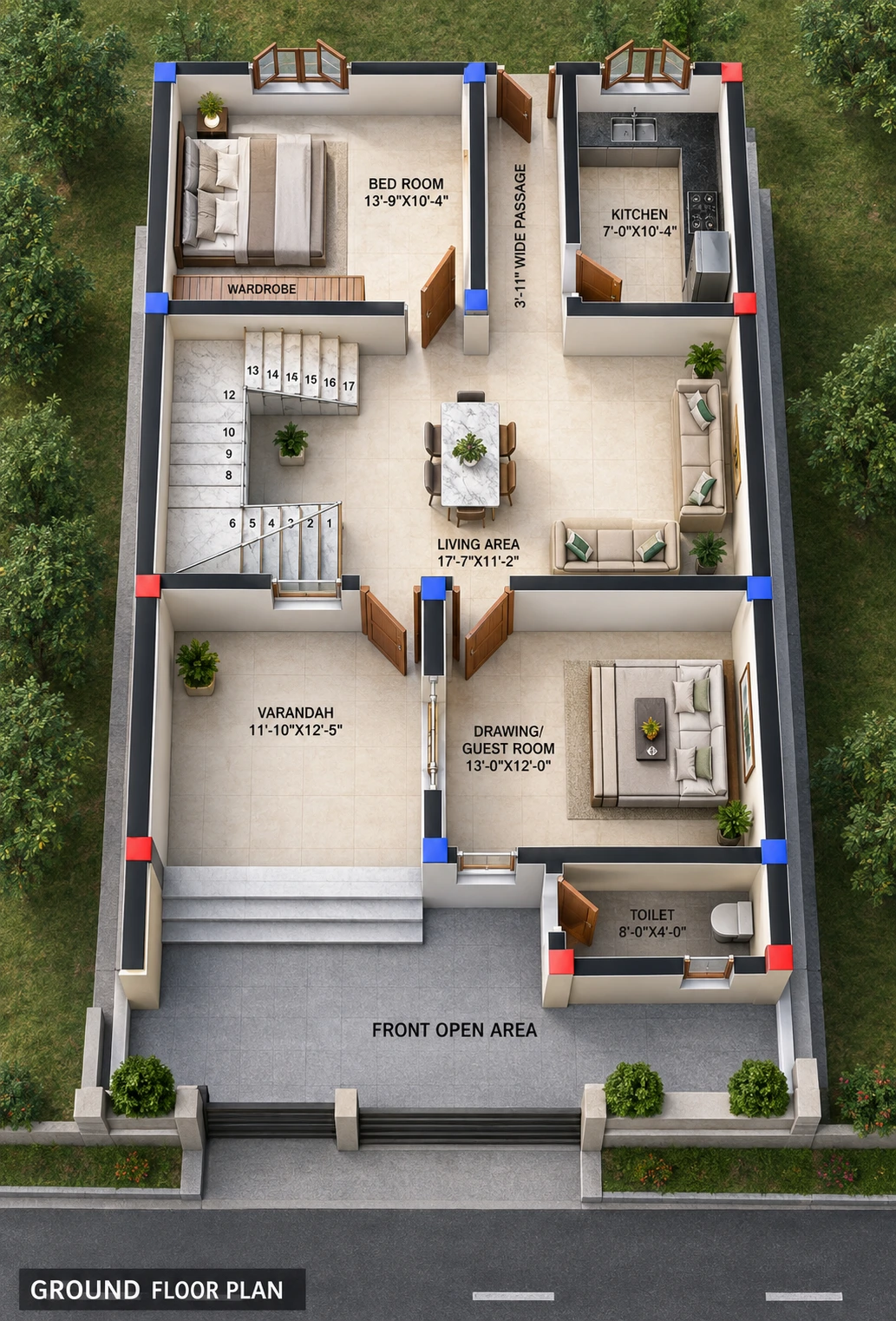 26x39.5 West Facing House Plan | 1027 Sq Ft 2 BHK Ground Floor Ghar Ka Naksha